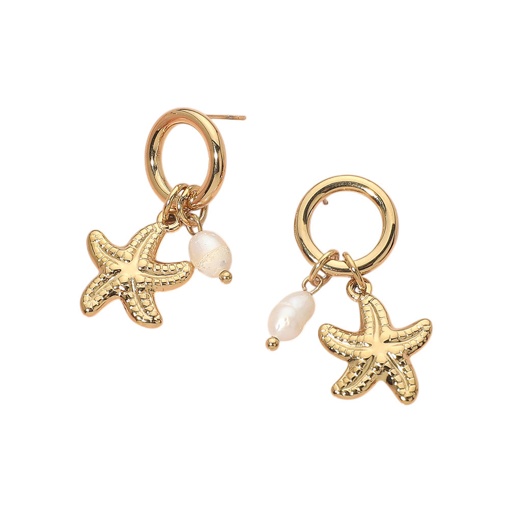 Starfish Pearl Huggie Earrings