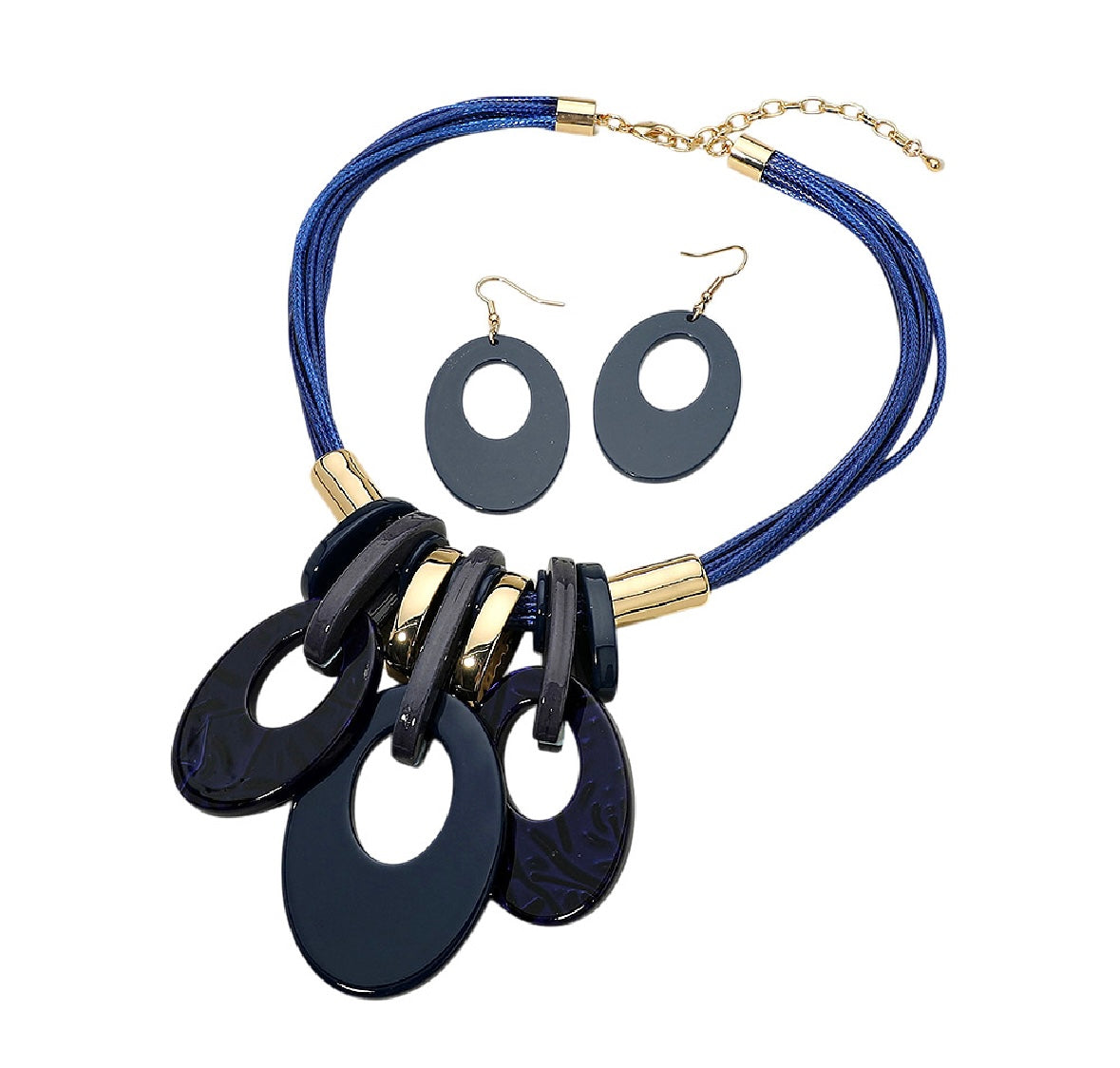 Navy Oval Statement Necklace & Earring Set-Mary