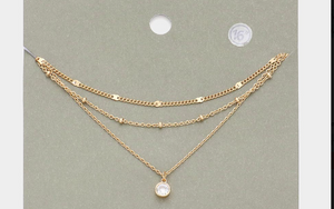 Round Stone Pendant Triple Layered Necklace-Naila.