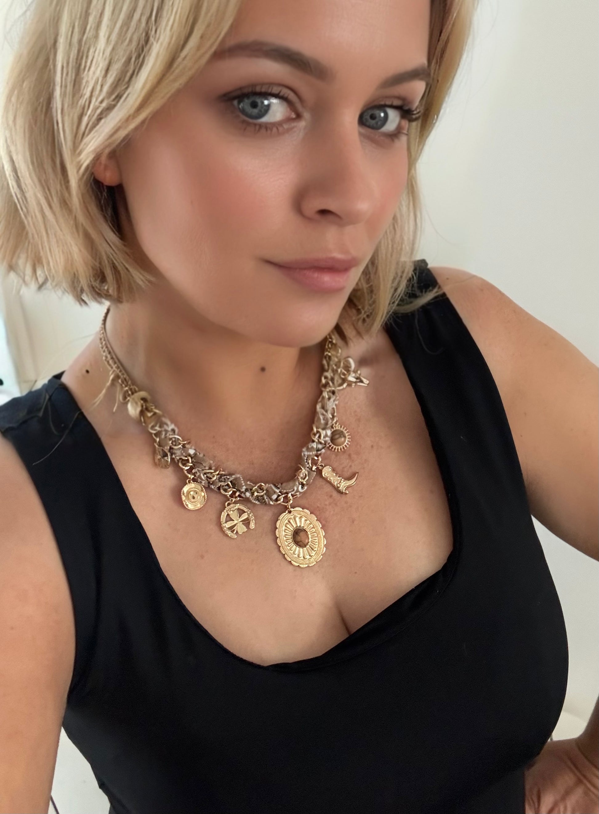 Western necklace on model 
