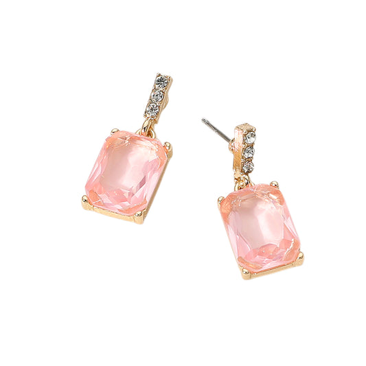 Peach Emerald-Cut Stone Drop Earrings