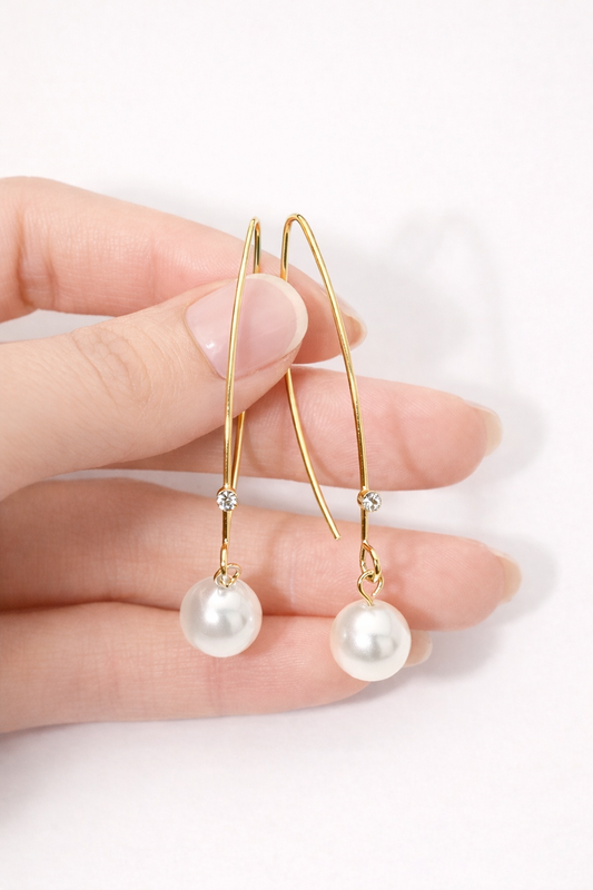 Gold pearl fish hook earrings